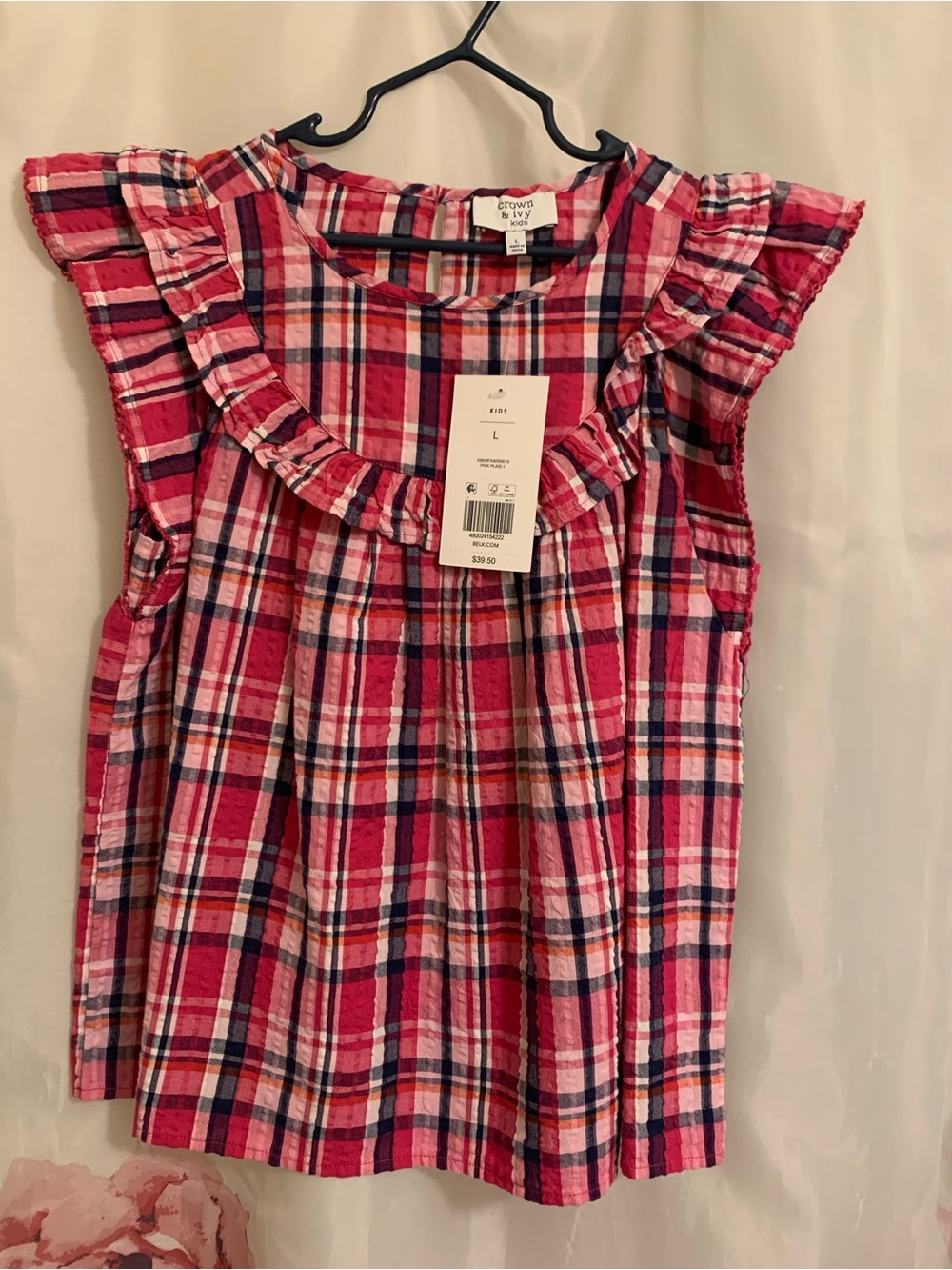 crown & ivy Pink Plaid Ruffle Sleeve Girls Top